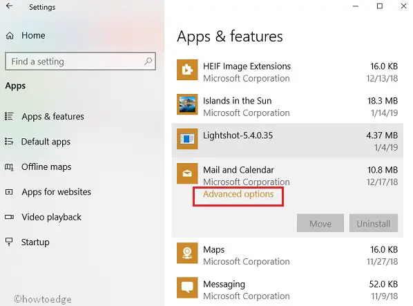 Сбросить приложение почты и календаря