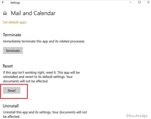 Сбросить приложение почты и календаря