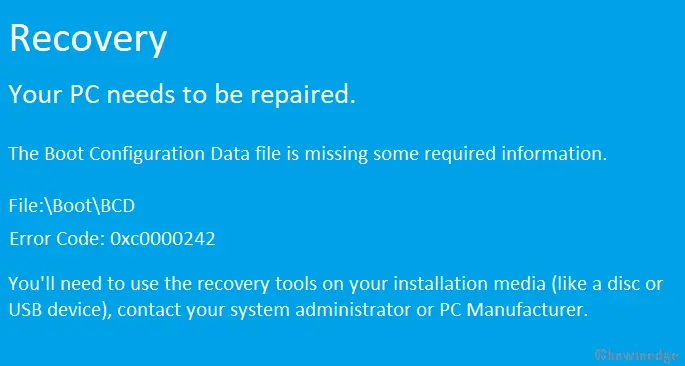 Boot configuration Error 0xc0000242