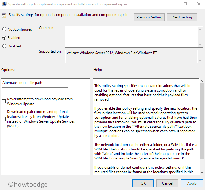 Enable Specify Settings for optional component installation and component repair