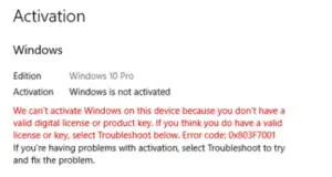 Fix Windows 10 Activation Error failed Error 0x803F7001