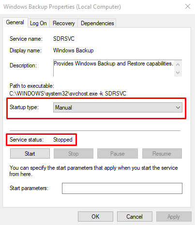 Включите службы резервного копирования Windows