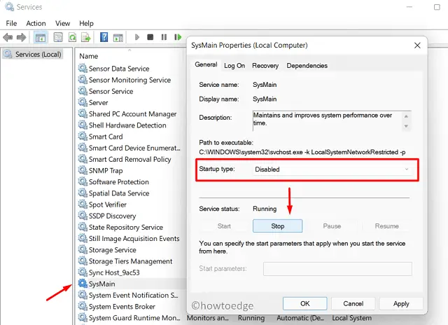 Отключить службу SysMain