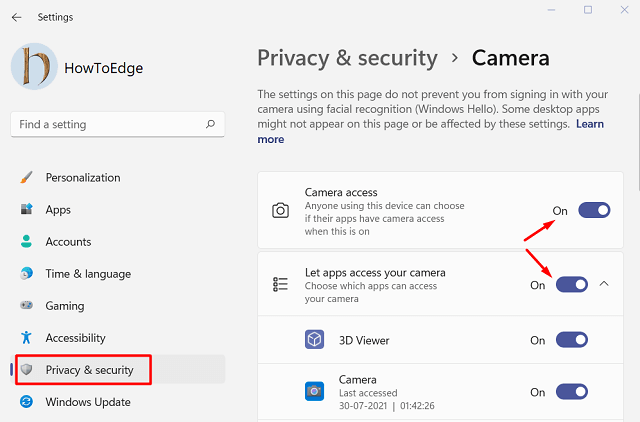 Enable settings for Windows 11 Camera