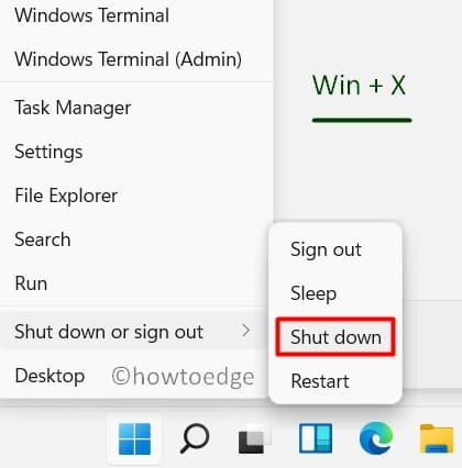 с помощью меню питания