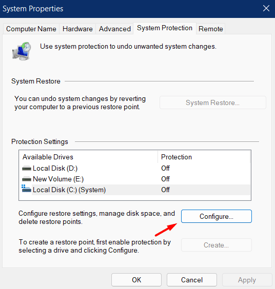 Create Restore Point in Windows 11 - Configure