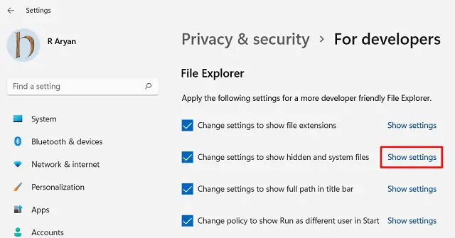 Показать настройки