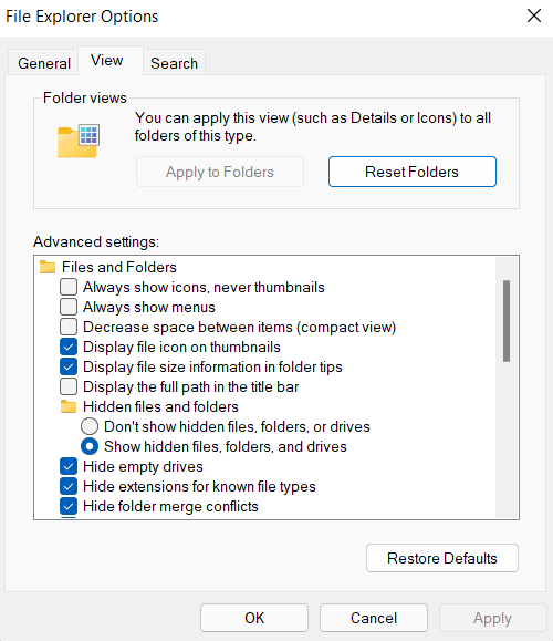 Show Hidden Files and Folders on Windows 11 - System Settings