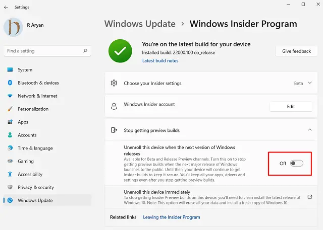 Switch from Dev Channel to Beta on Windows 11