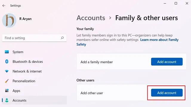 Добавьте других пользователей в разделе «Учетные записи» - меню «Пуск» в Windows 11 не работает