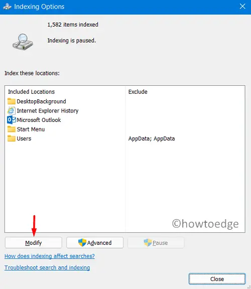 Изменить параметры индексирования