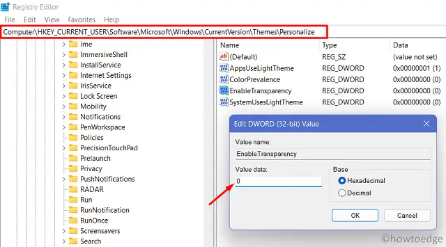 Disable Transparency effects in Windows 11 - Via Regedit