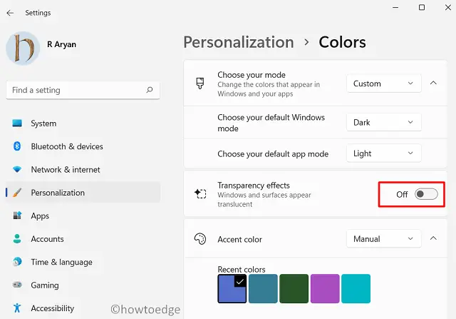 Disable Transparency effects in Windows 11 - Via Settings