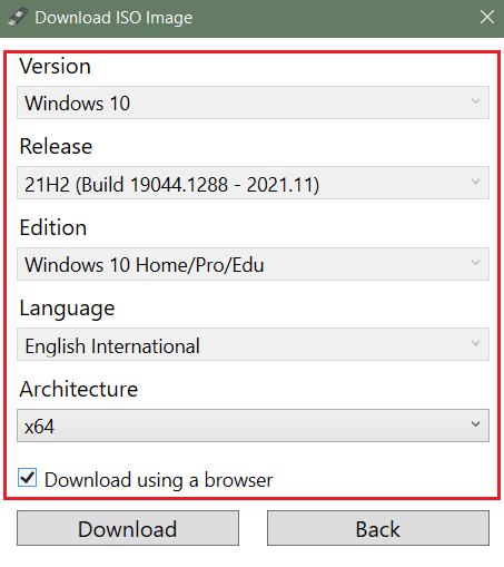 Download Windows 10 21H2 via Rufus