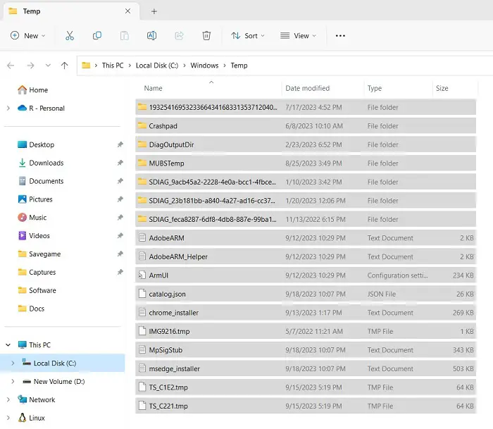 Select and delete all items inside the Temp folder
