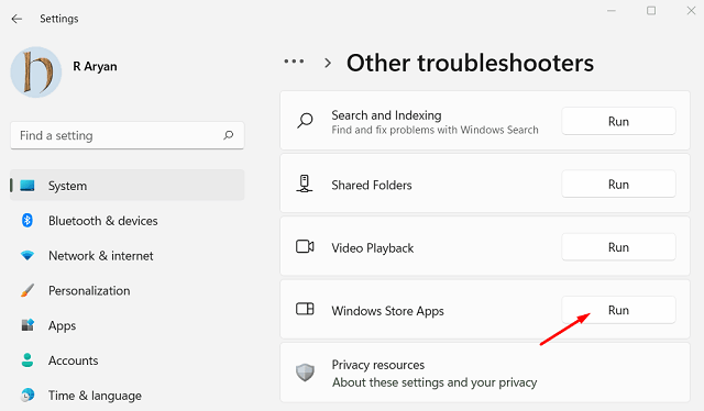 Store Apps Troubleshooter on Windows 11