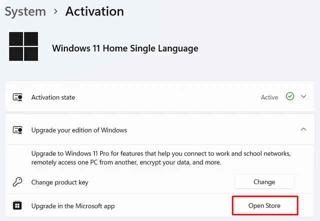 Upgrade in the Microsoft app - upgrade Windows 11 Home to Pro