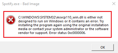 Ошибка недопустимого изображения 0xc0000006 - Отсутствует Spotify