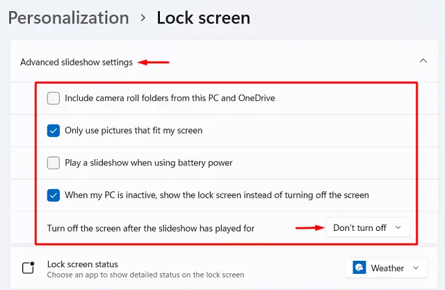 Изменить фон экрана блокировки Windows 11 — дополнительные настройки слайд-шоу