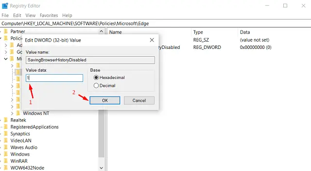 Assign a value to SavingBrowserHistoryDisabled - Edge