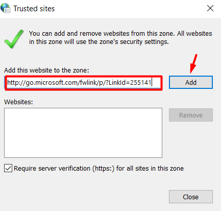 Добавить веб-сайт в список доверенных сайтов