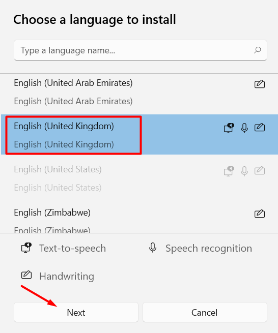 Выберите язык для установки в Windows 11