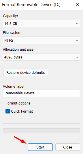 Start formatting Removable device on Windows 11