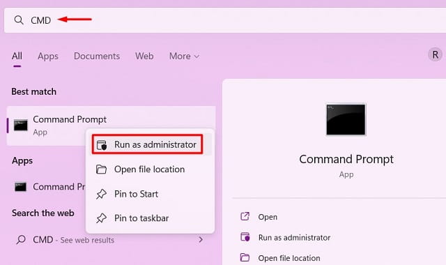 CMD as admin from Search Window