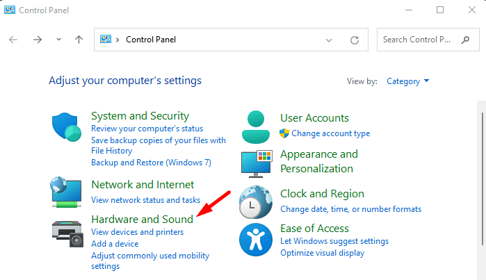 Оборудование и звук в панели управления