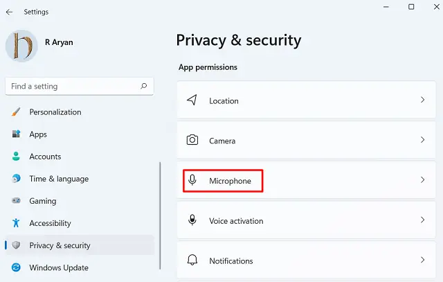 Microphone under Privacy & Security in Windows 11