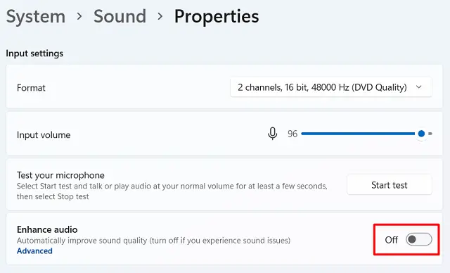 Отключить улучшение звука в Windows 11