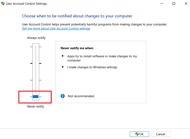 Контроль учетных записей пользователей — никогда не уведомлять