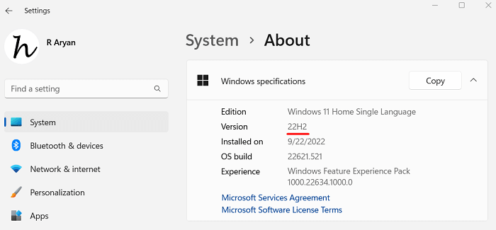 Windows 11 22H2 version running on your PC