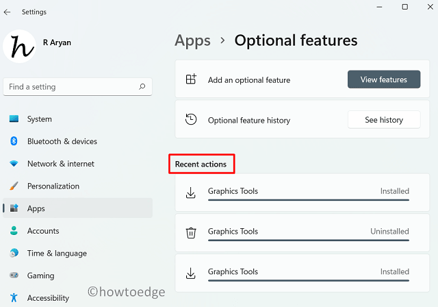Recent actions under Optional features