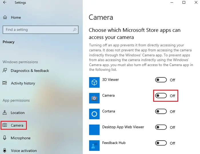 Enable Camera under App permissions on Windows 10