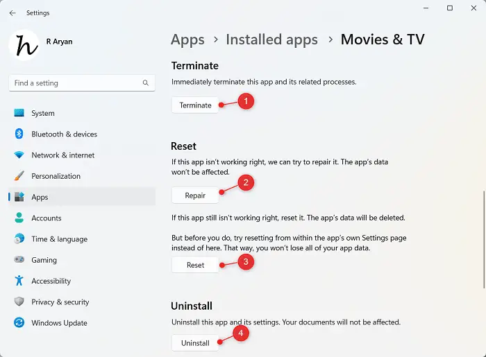 Repair or Reset Movies & TV - Error 0xC00D36BB