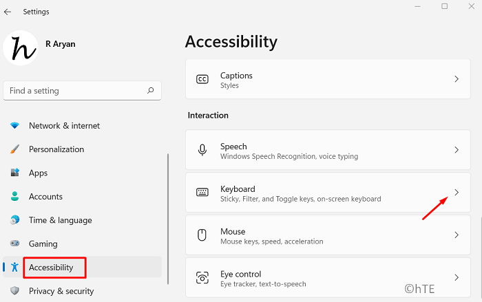 Select Keyboard under Accessibility Interaction