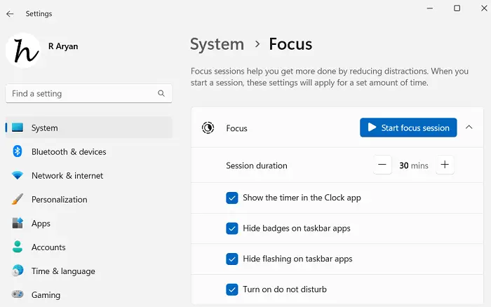 System Focus on Windows 11 Settings
