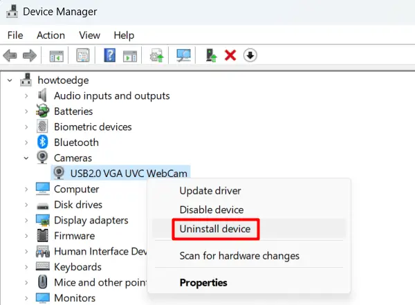 Uninstall Windows 11 Camera Drives via Device Manager