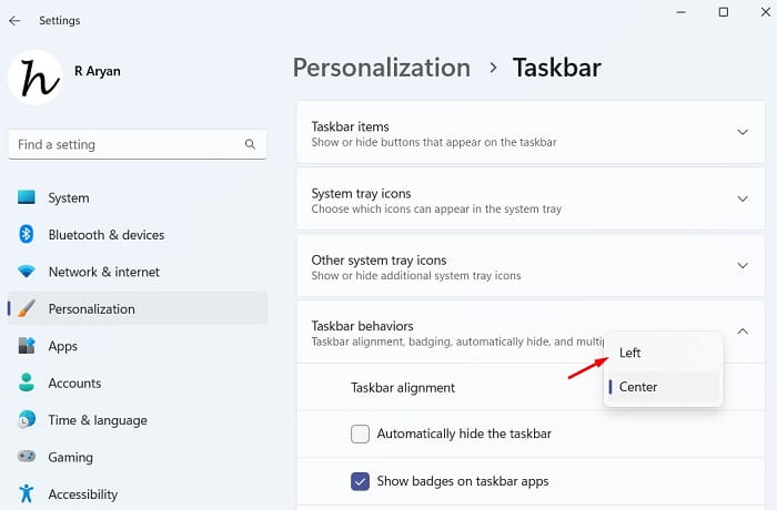 Align Windows 11 taskbar to the left or center