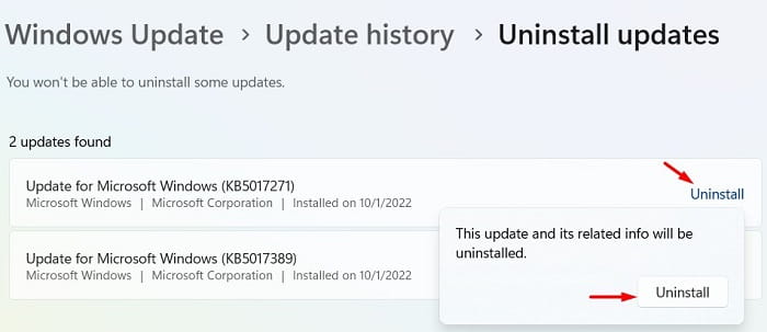Uninstall KB5017271