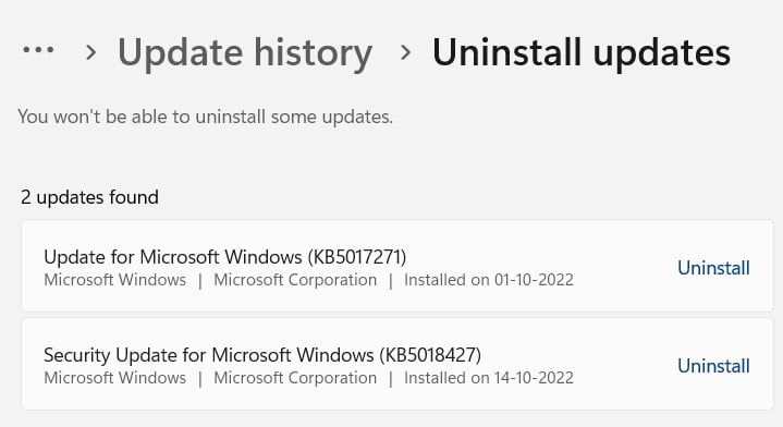 Uninstall Windows Update