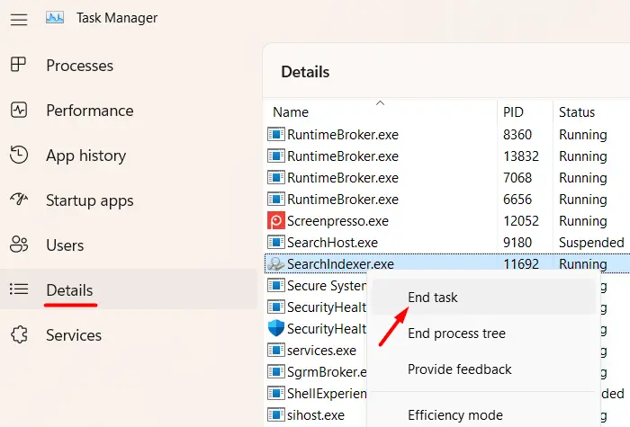 End task - SearchIndexer.exe task