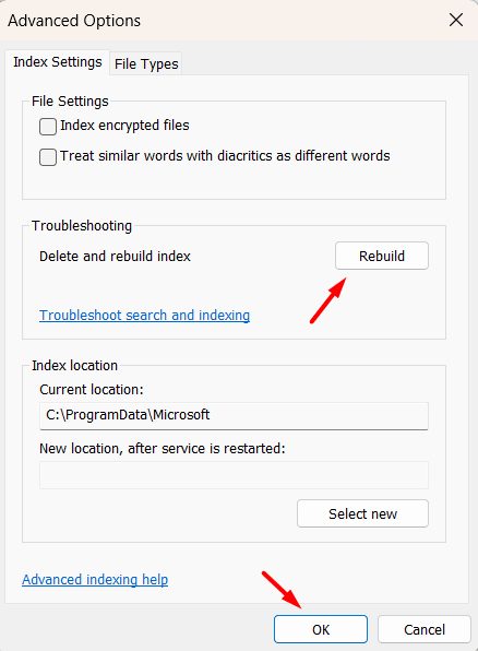 Rebuild indexing for Windows Search UI