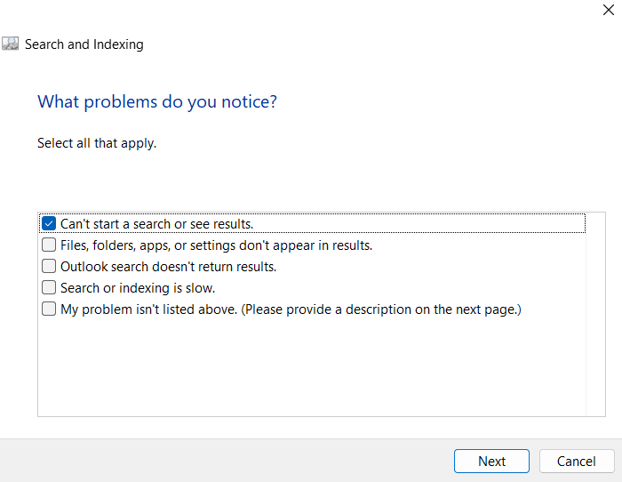 Search and Indexing troubleshooter on Windows 11