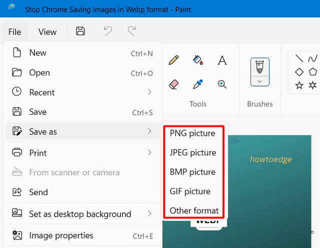 Choose Image format under File Save As