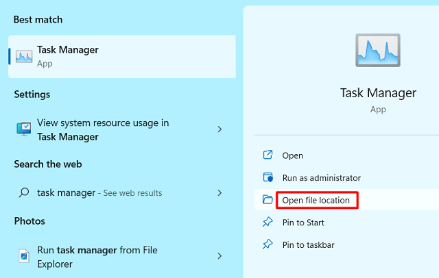 Open File Location of Task Manager form Windows Search