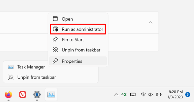Open Task Manager from taskbar as administrator