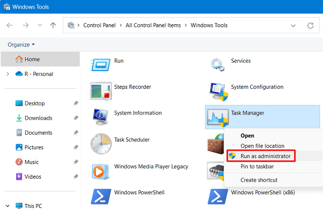 Run Task manager as Admin via Windows Tools