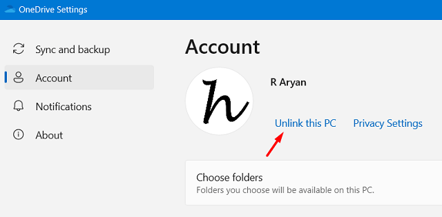 Отключить этот компьютер от учетной записи OneDrive